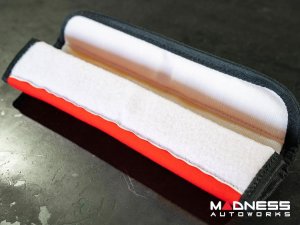 Seat Belt Shoulder Pads - set of 2 - Red w/ Alfa Romeo Logo + Black Binding